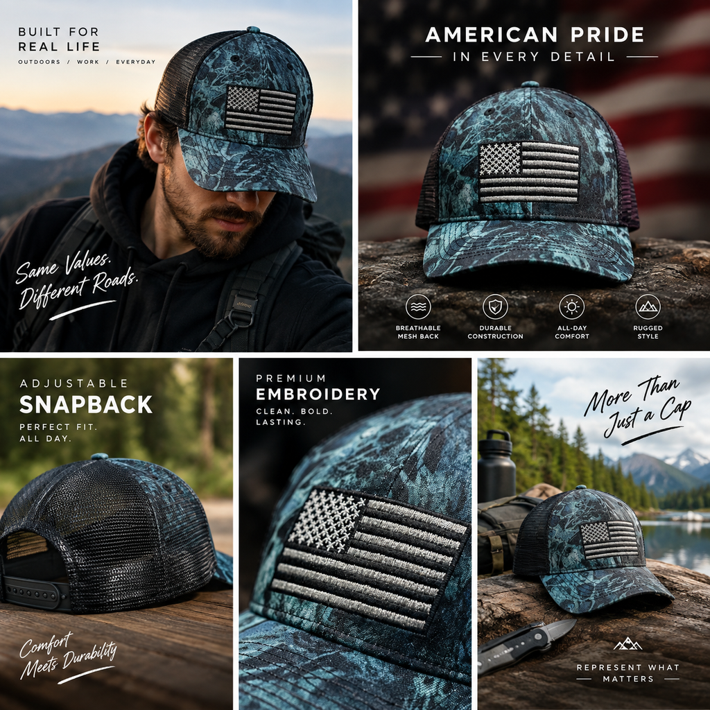 Teal Kryptek Camo Trucker Cap with American Flag Patch