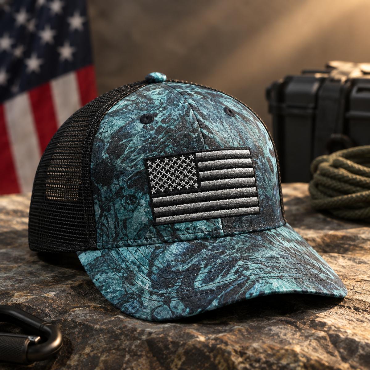 Teal Kryptek Camo Trucker Cap with American Flag Patch