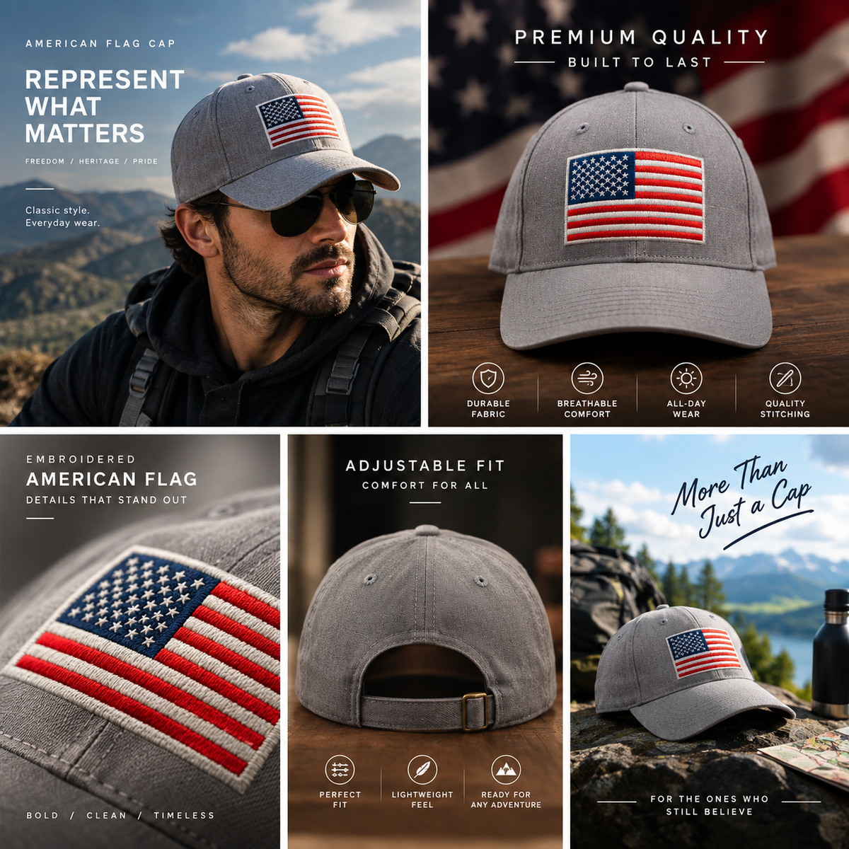 Gray American Flag Embroidered Baseball Cap