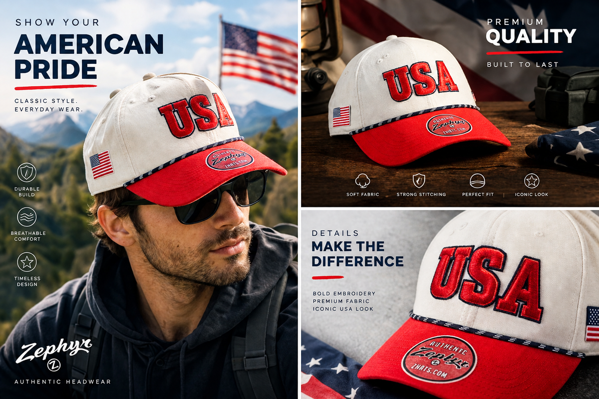 USA Red White Trucker Hat with Rope Detail