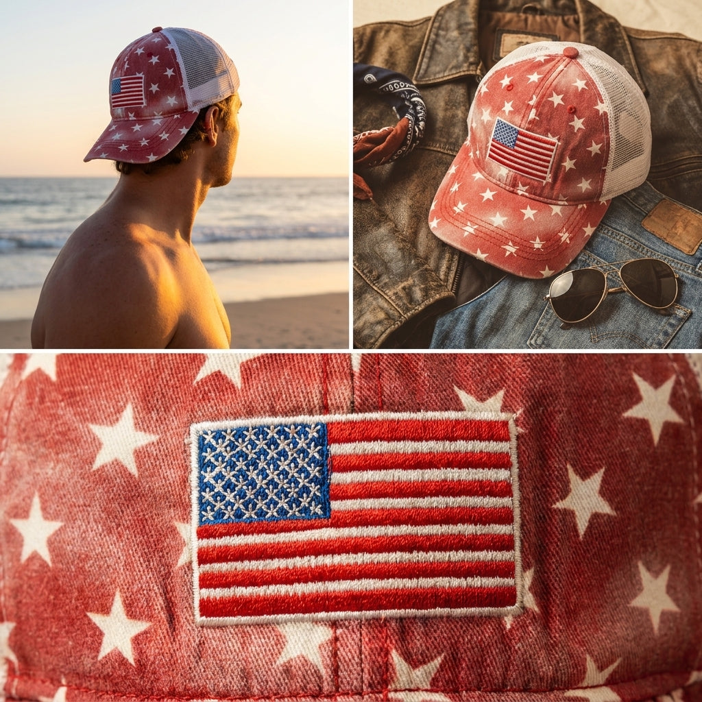Red Stars American Flag Trucker Hat