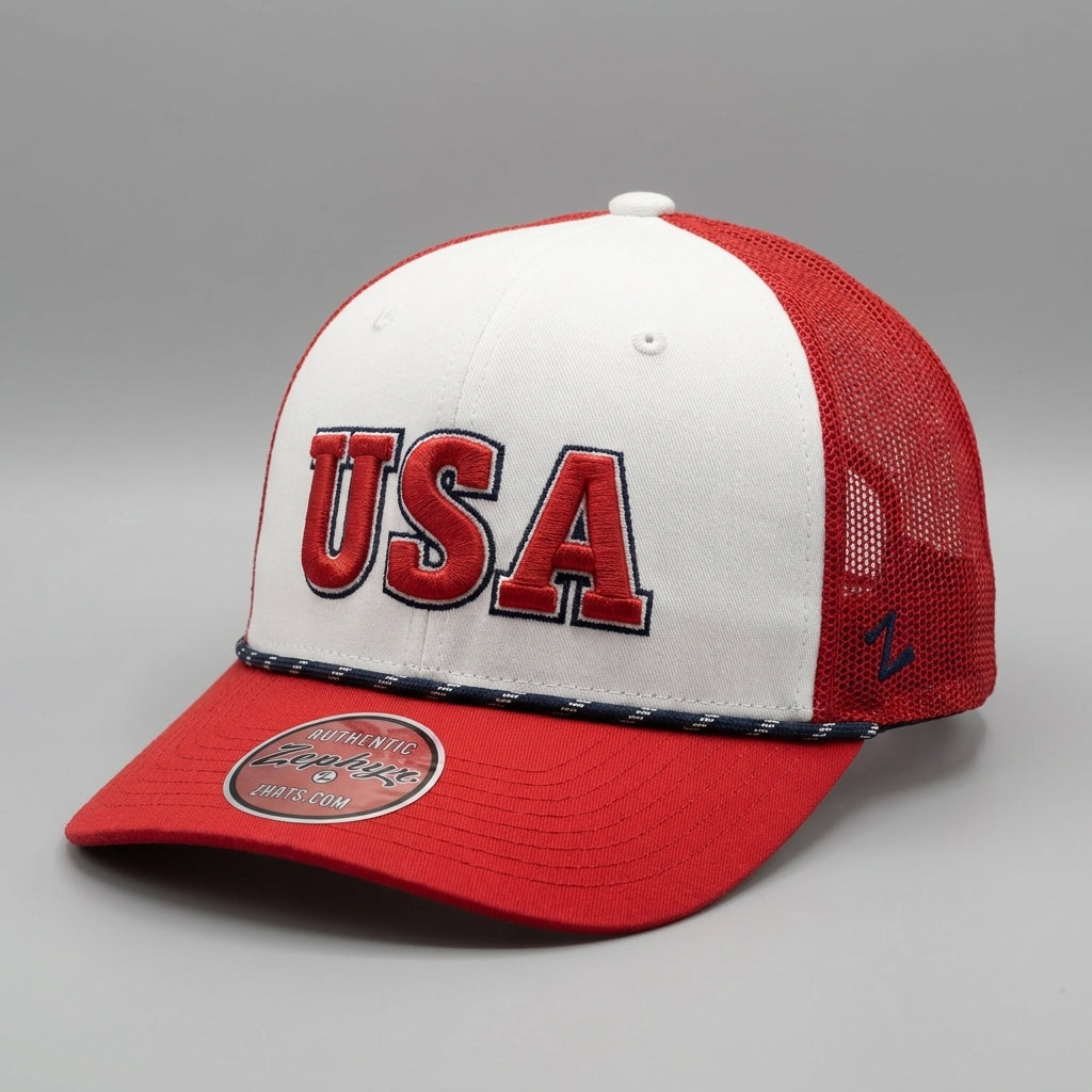 USA Red White Trucker Hat with Rope Detail