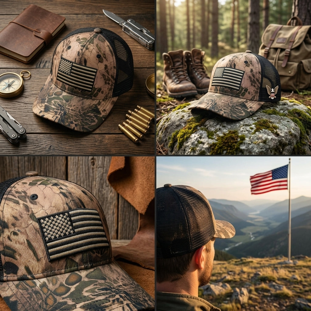 Tan Camo American Flag Trucker Hat