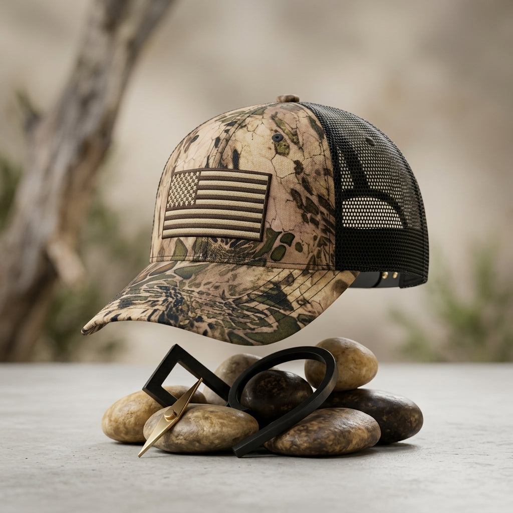 Tan Camo American Flag Trucker Hat