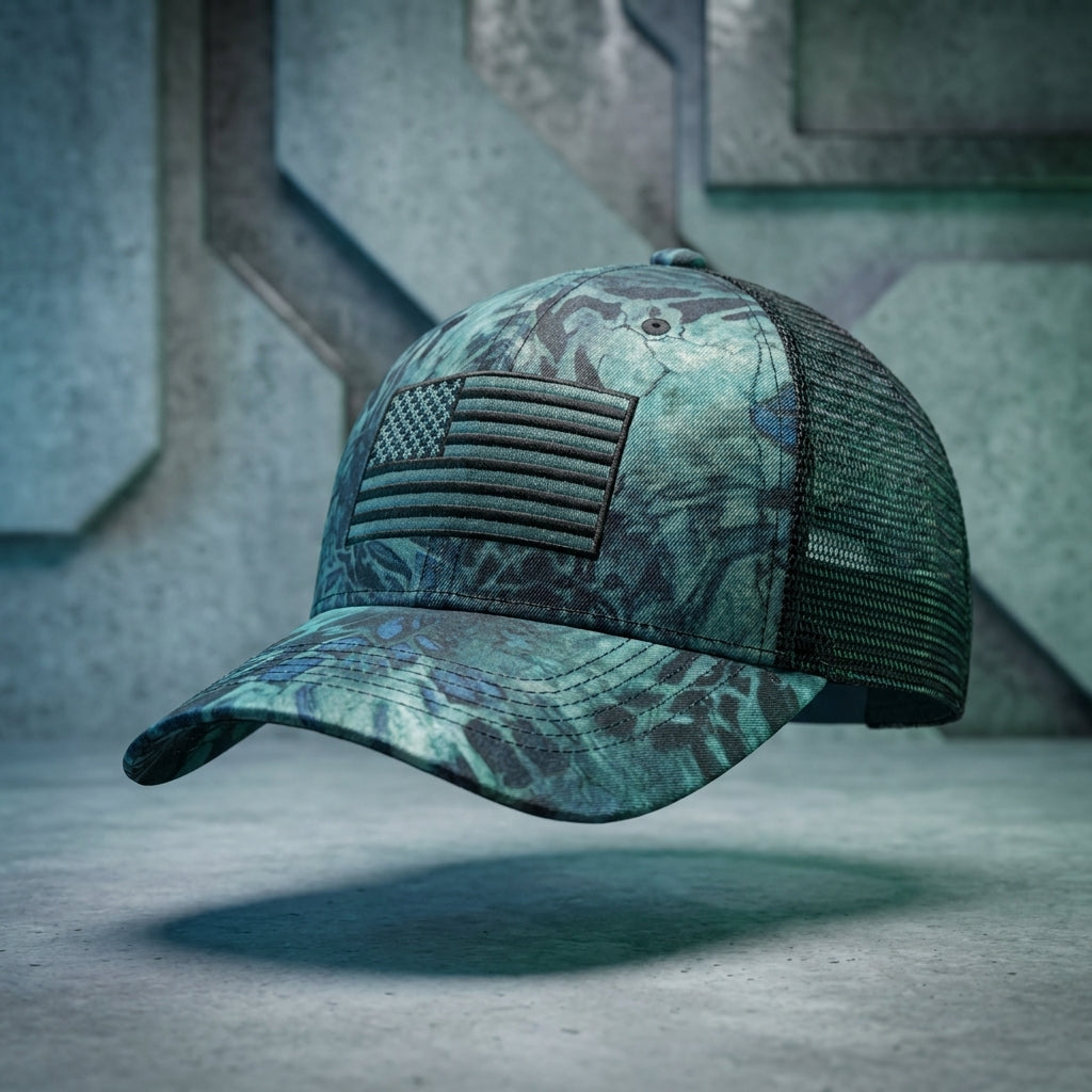 Dark Kryptek Camo Trucker Cap with Black Flag Patch