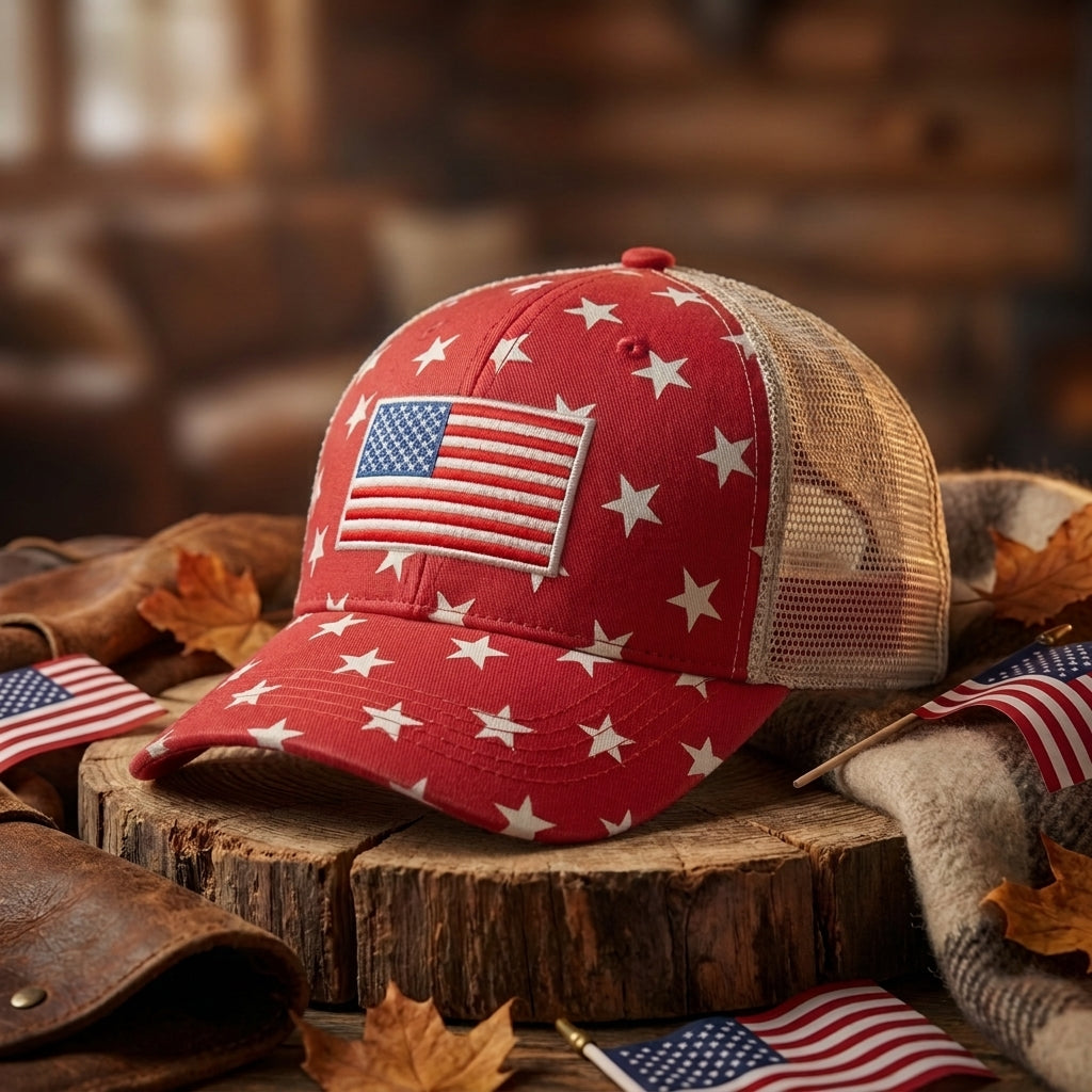Red Stars American Flag Trucker Hat