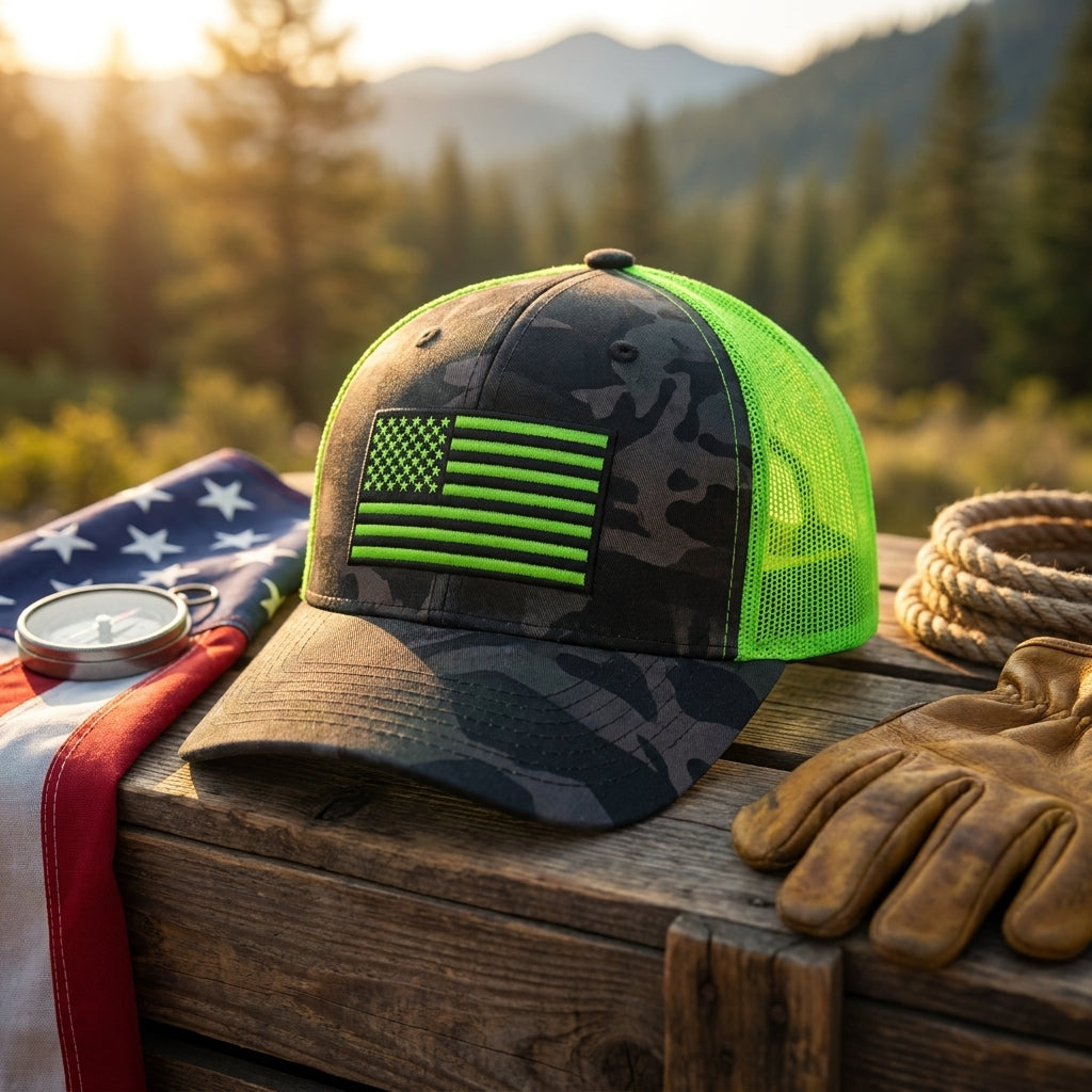 Neon Green Flag Camo Trucker Hat