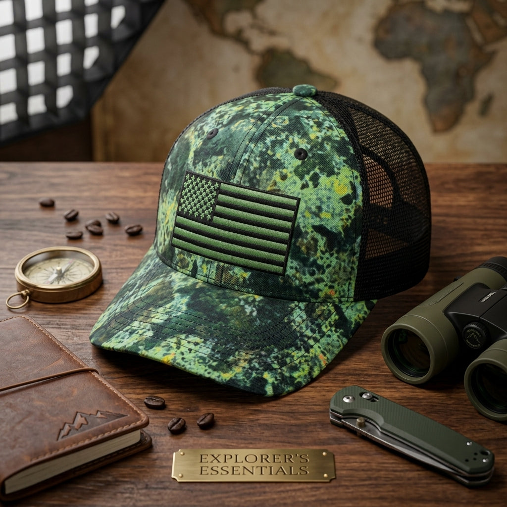 Green Camo American Flag Trucker Hat