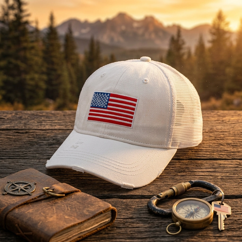 White Distressed American Flag Trucker Cap