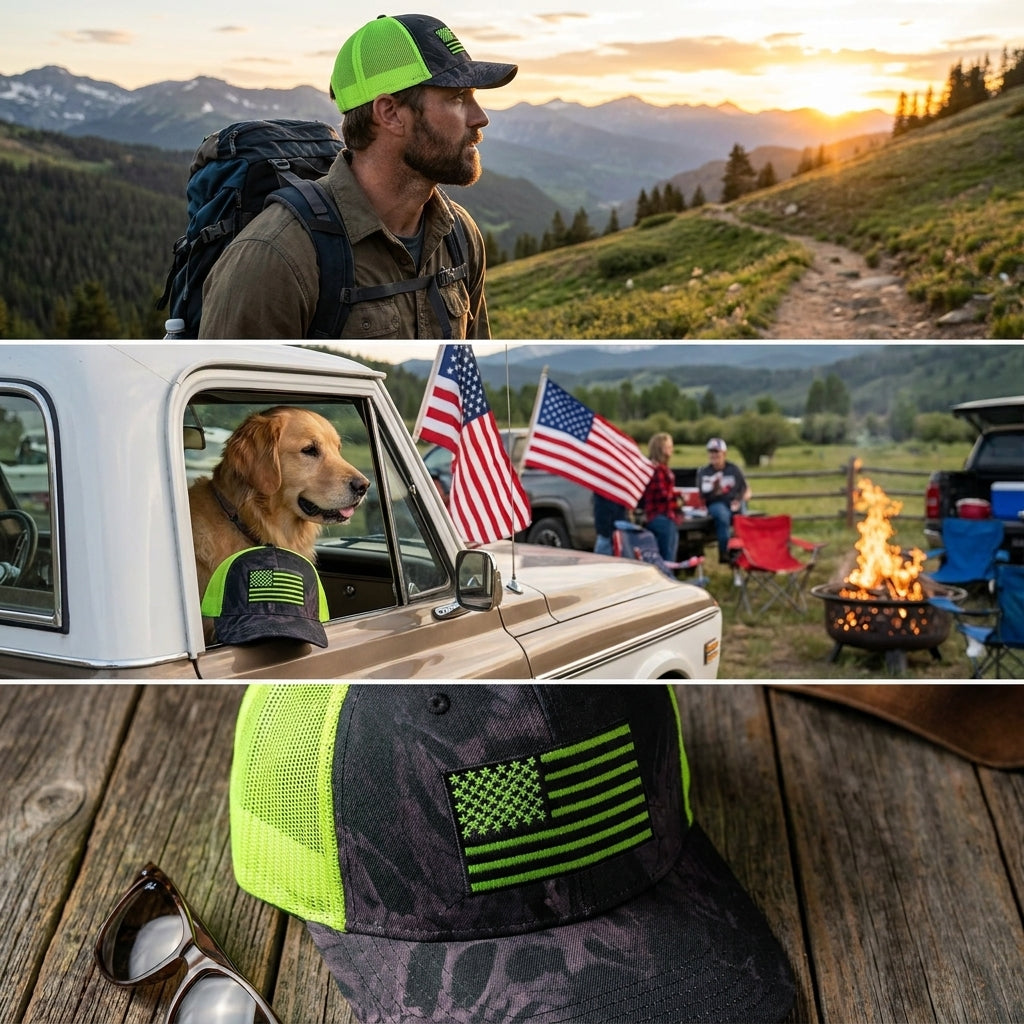 Neon Green Flag Camo Trucker Hat