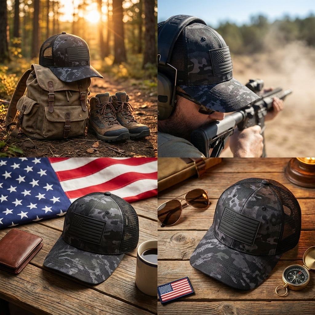 Black Distressed Camo Flag Trucker Hat