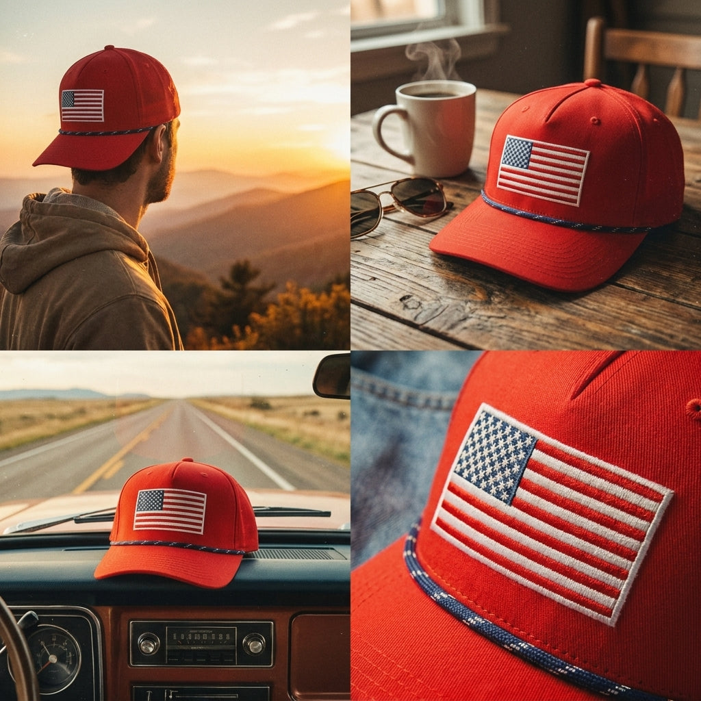 Red American Flag Trucker Hat with Rope