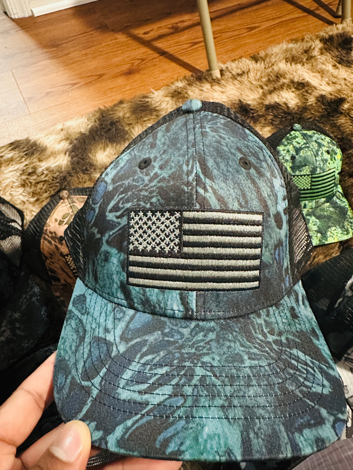 Teal Kryptek Camo Trucker Cap with American Flag Patch