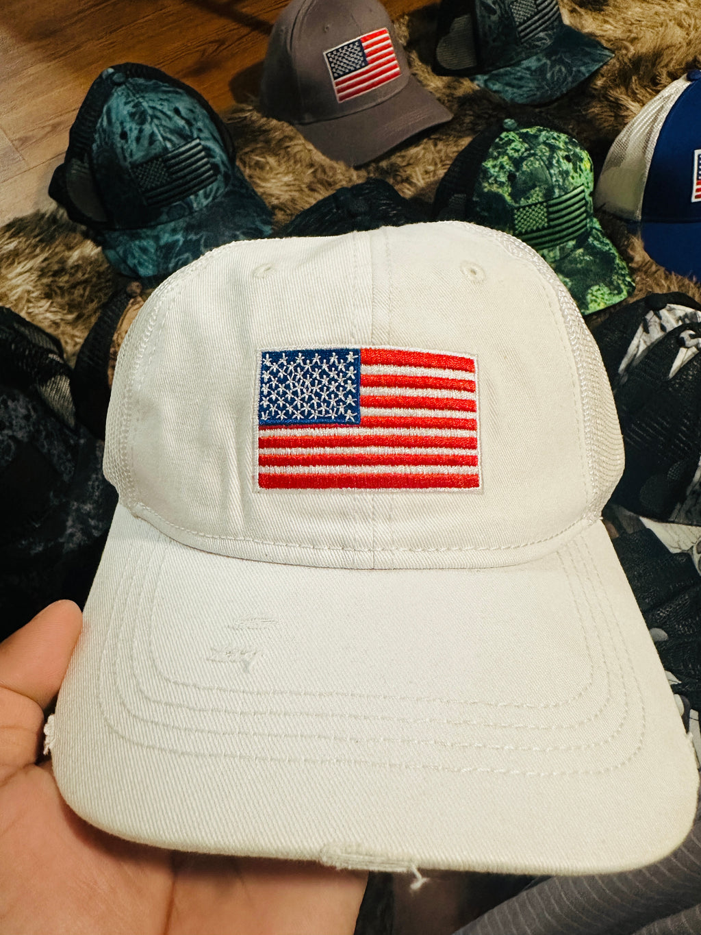 White Distressed American Flag Trucker Cap