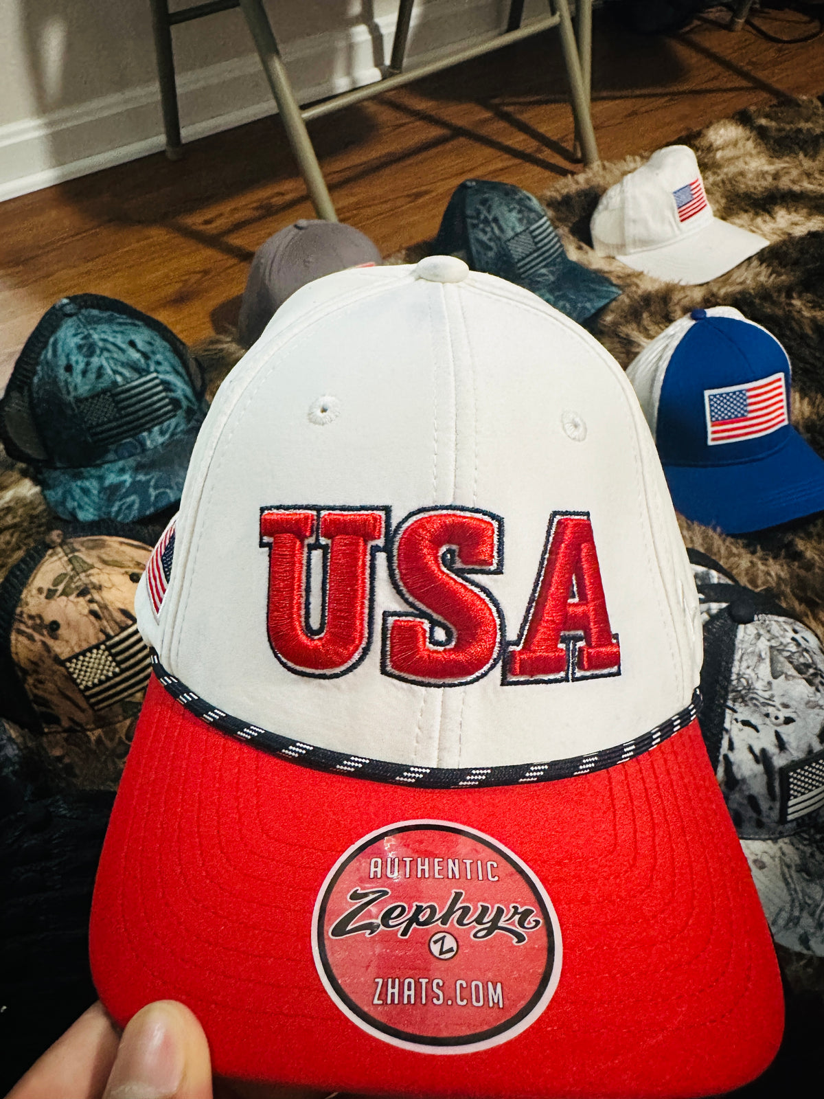 USA Red White Trucker Hat with Rope Detail