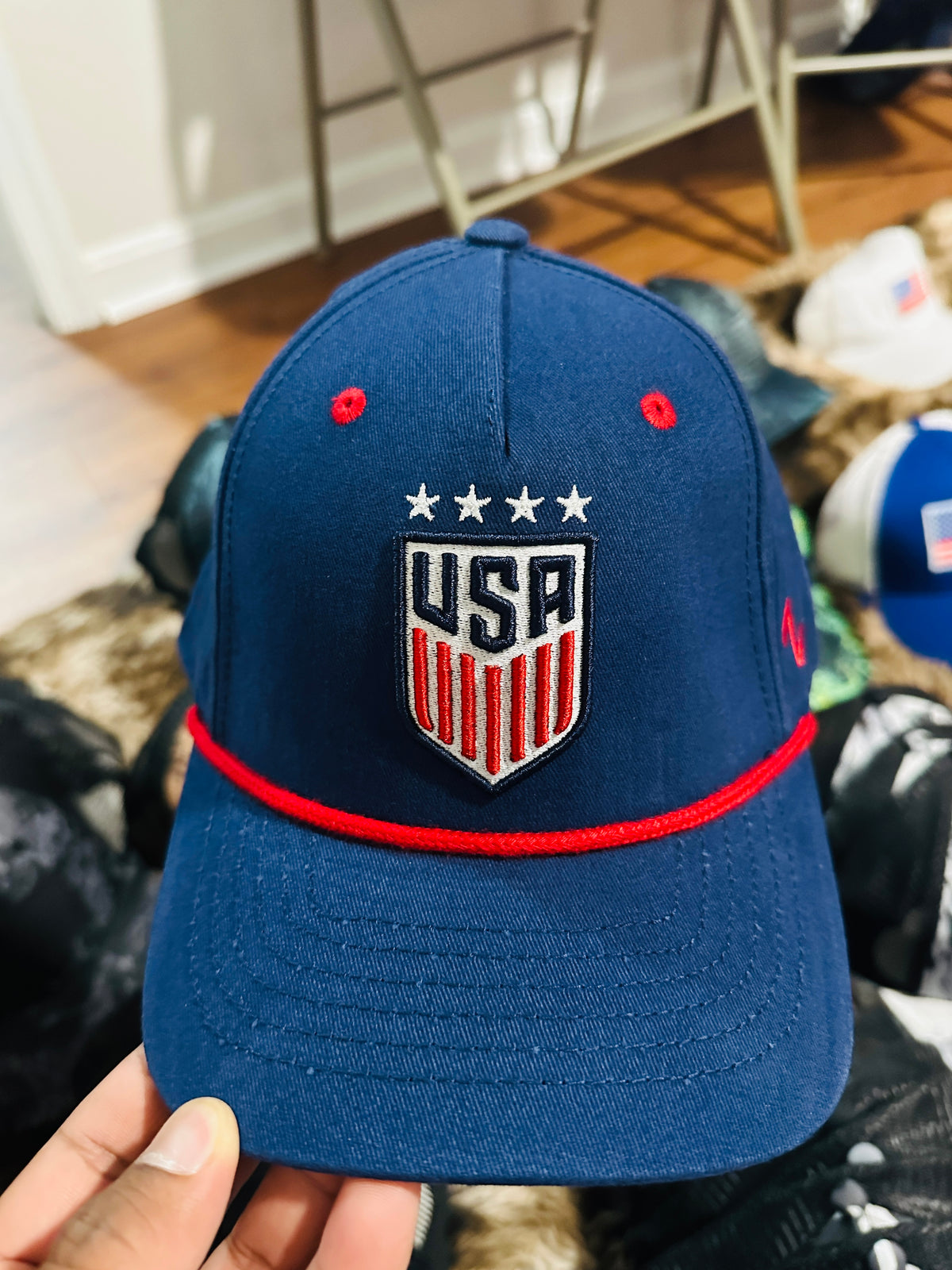 Navy USA Crest Cap with Red Rope Detail