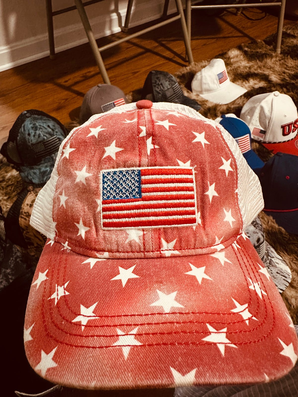 Red Stars American Flag Trucker Hat