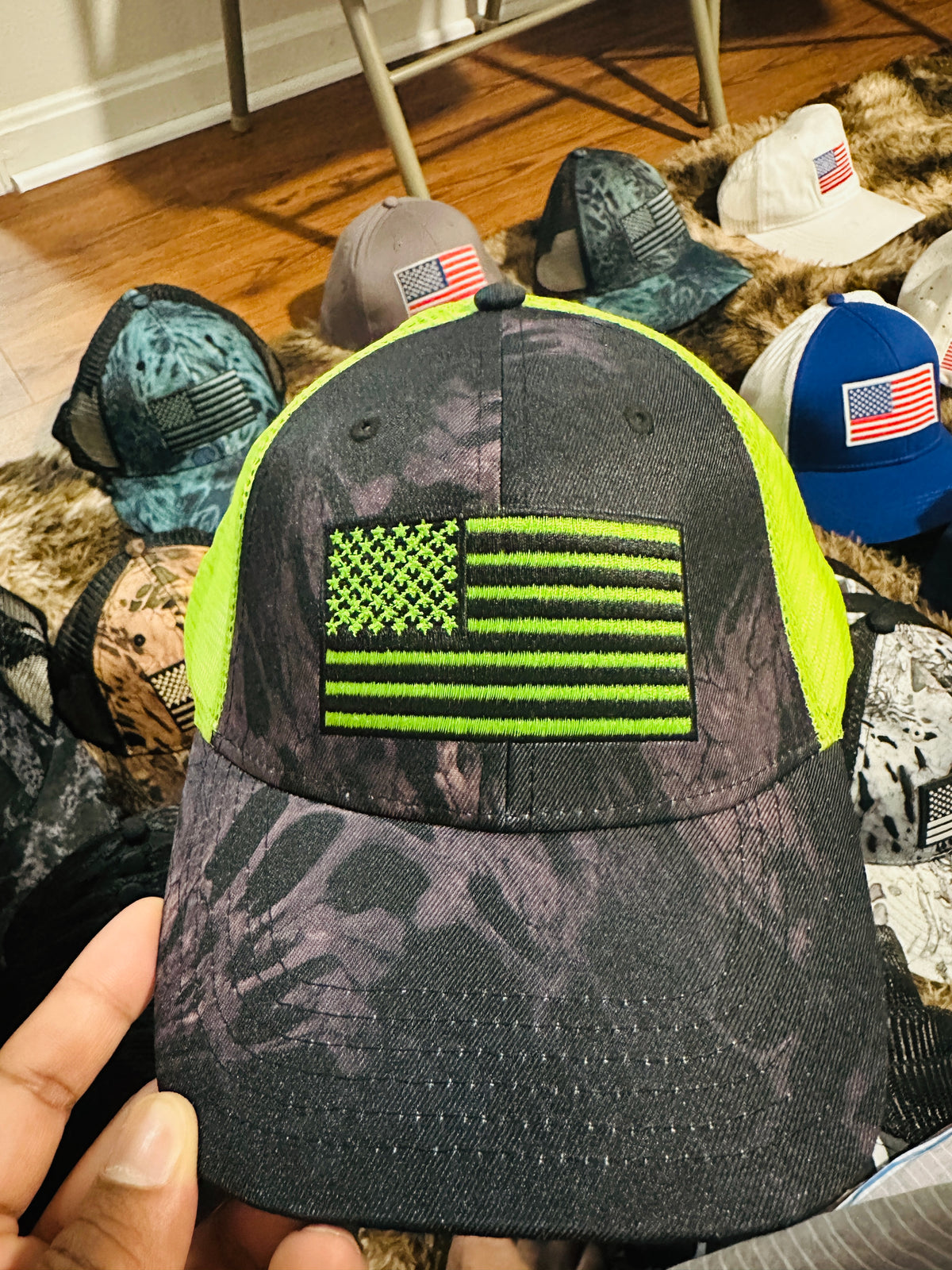 Neon Green Flag Camo Trucker Hat