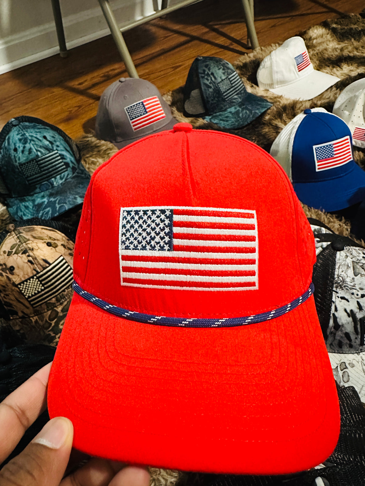 Red American Flag Trucker Hat with Rope