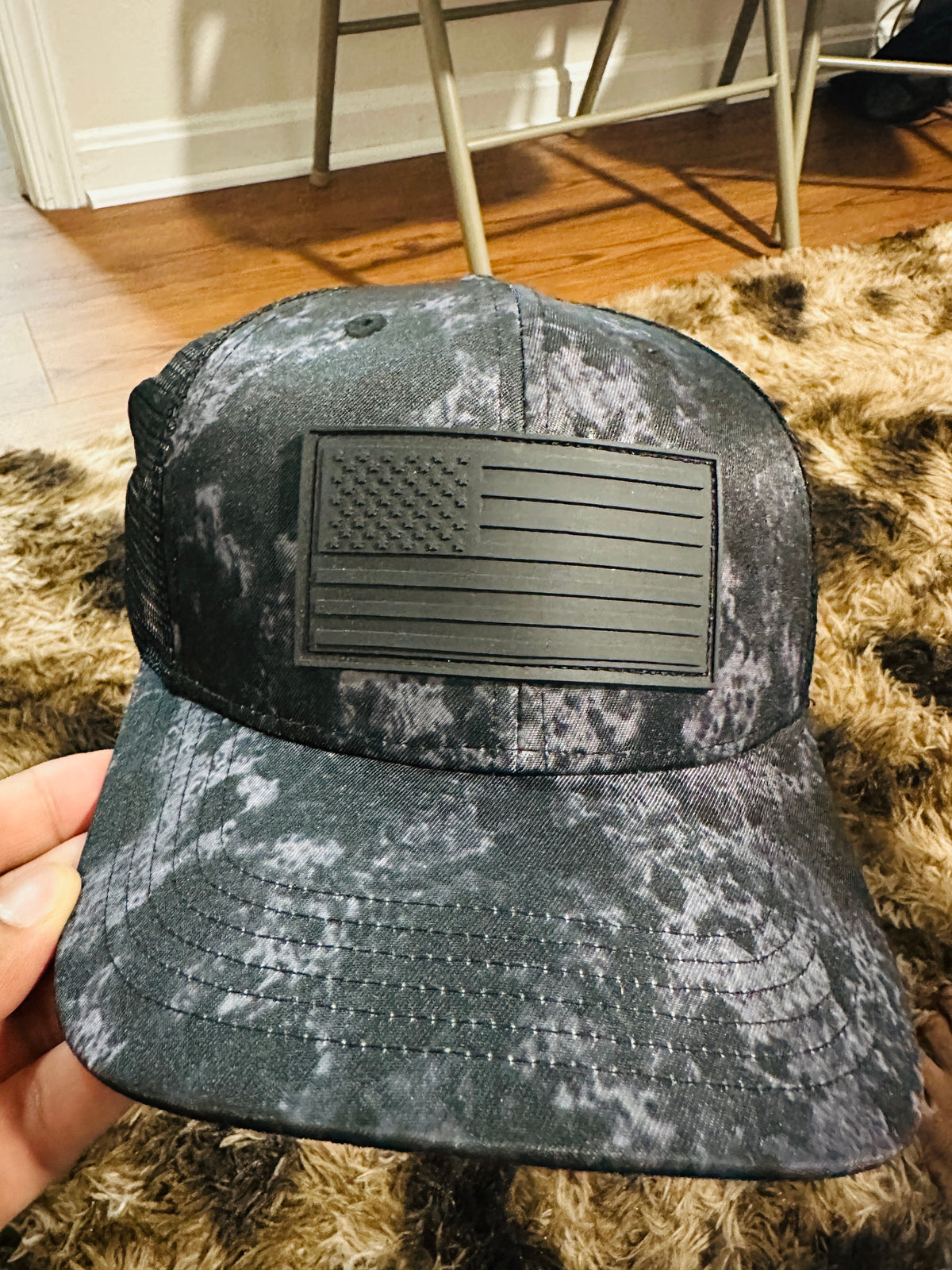 Black Distressed Camo Flag Trucker Hat