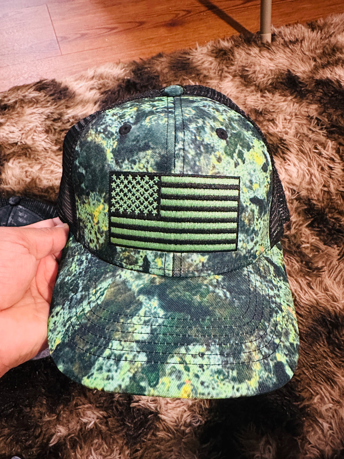 Green Camo American Flag Trucker Hat
