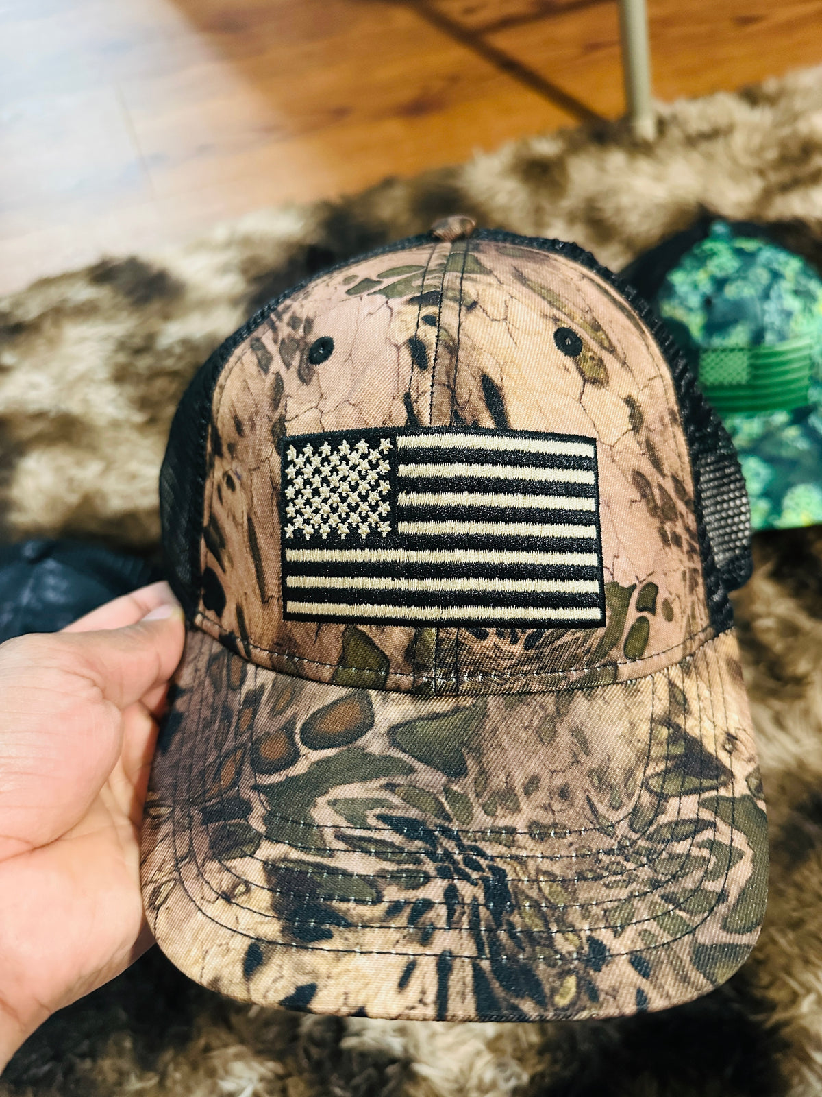Tan Camo American Flag Trucker Hat