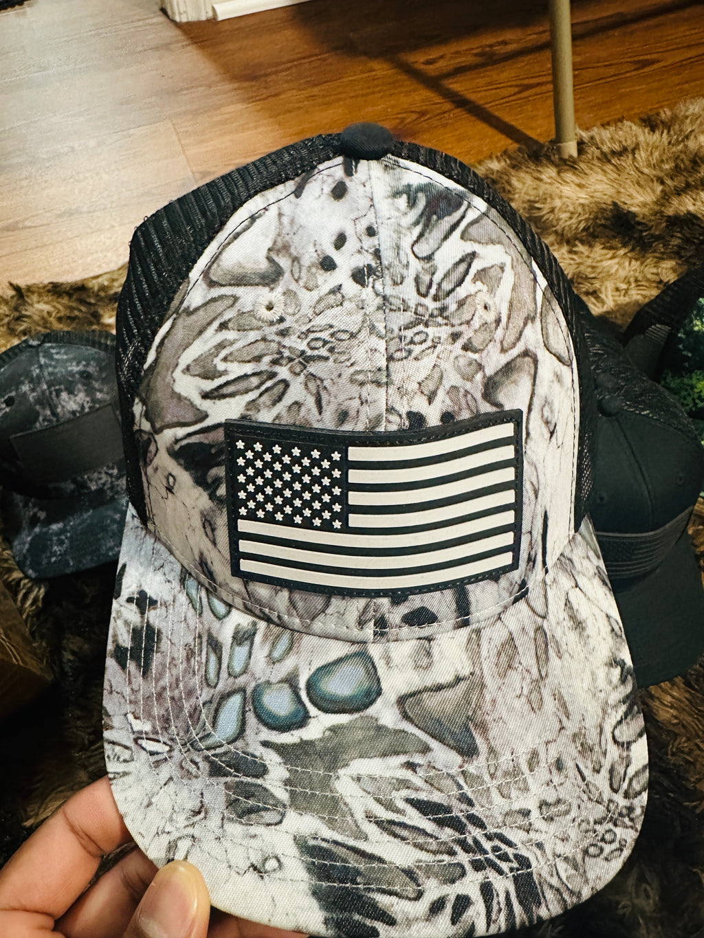 Gray Camo American Flag Trucker Hat