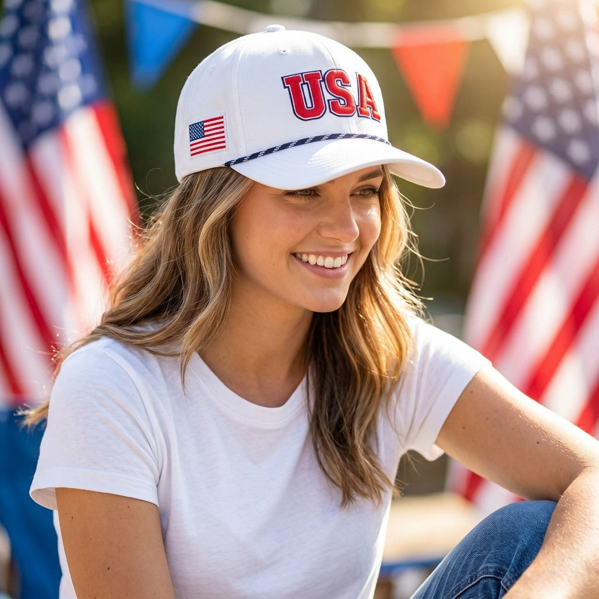 USA Embroidery Trucker Hat Rope Cap Premium Mesh Snapback Patriotic Headwear